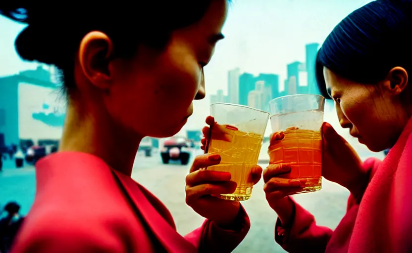 Image similar to cinestill 5 0 d candid photographic portrait by helen levitt of a two android women sharing a drink in futuristic china, extreme closeup, modern cyberpunk, minimalism, dust storm, 8 k, hd, high resolution, 3 5 mm, f / 3 2, ultra realistic faces, intricate detail, ex machina