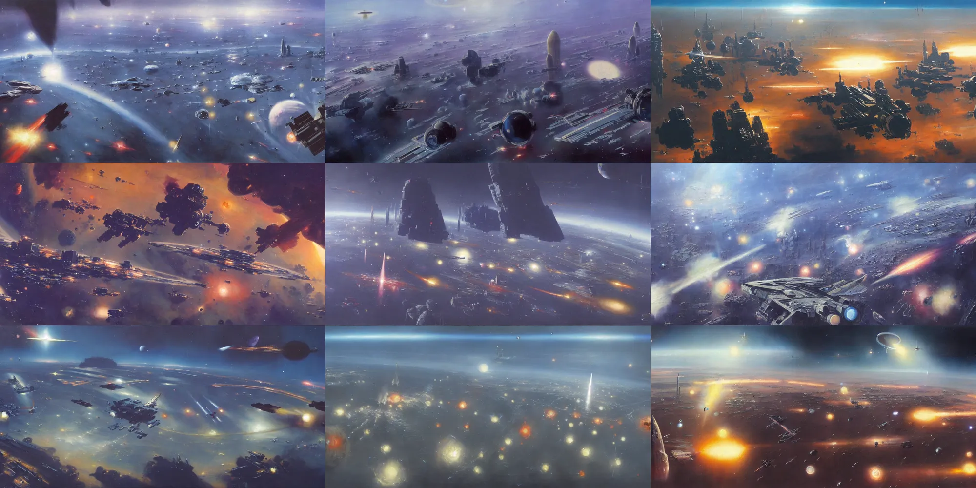 Image similar to a gorgeous painting of the low earth orbit space city under war by john harris. ultra clear detailed. 8 k