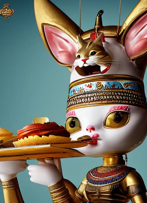 Image similar to highly detailed closeup, portrait of a tin toy egyptian cat goddess eating cakes, unreal engine, nicoletta ceccoli, mark ryden, earl norem, lostfish, global illumination, detailed and intricate environment