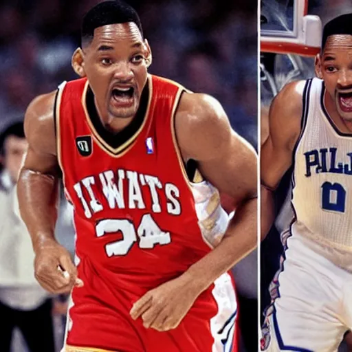 Image similar to award - winning hyperdetailed photograph of will smith playing in the nba, wearing nba jersey, nba court, as seen on getty images, 4 k, 8 k, hd quality