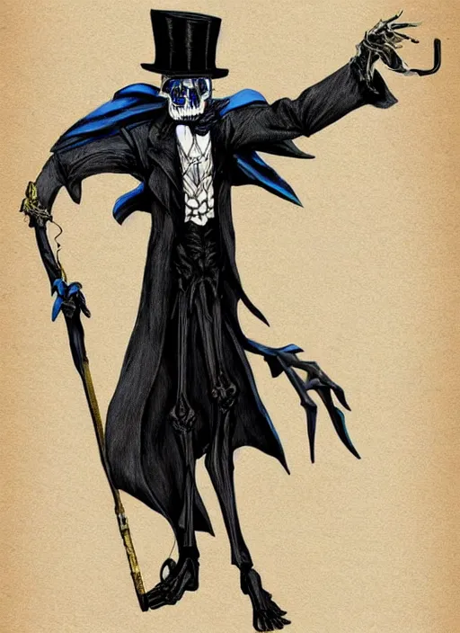 Image similar to DND character art, skeletal male figure, wearing a deep black suit!!! and tie and top hat, holding a gold! cane!, blue flames!!