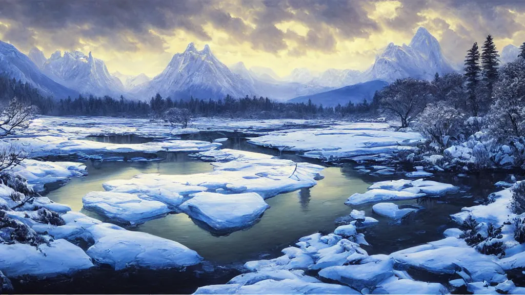 Image similar to the most beautiful panoramic landscape, oil painting, snowy mountains and a frozen river, clouds, cinematic lighting, highly detailed, very realistic