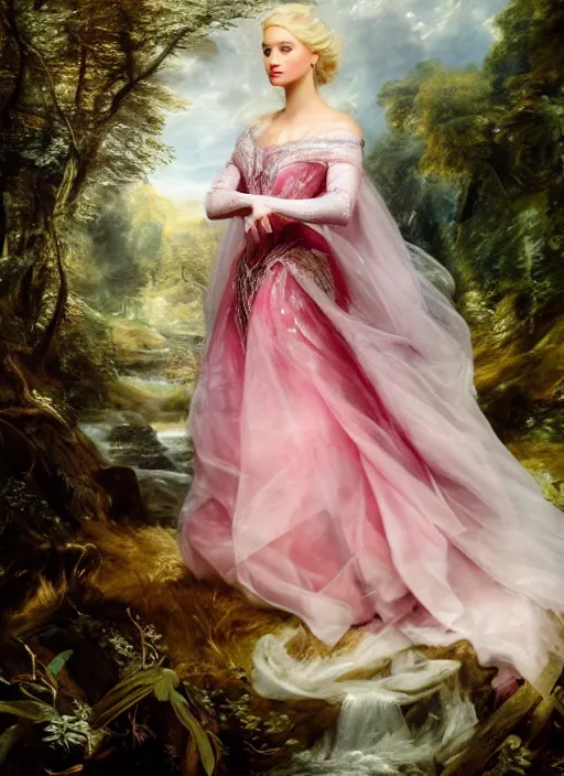 Prompt: Beautiful elsa, Looks like pink ranger, In the woods, Dramatic, Edge, Good, Infused, Backlight, De-Noise, VFX, insanely detailed and intricate, hypermaximalist, elegant, ornate, hyper realistic, super detailed, by Anthony Van Dyck, by Ivan Shishkin, by John Constable