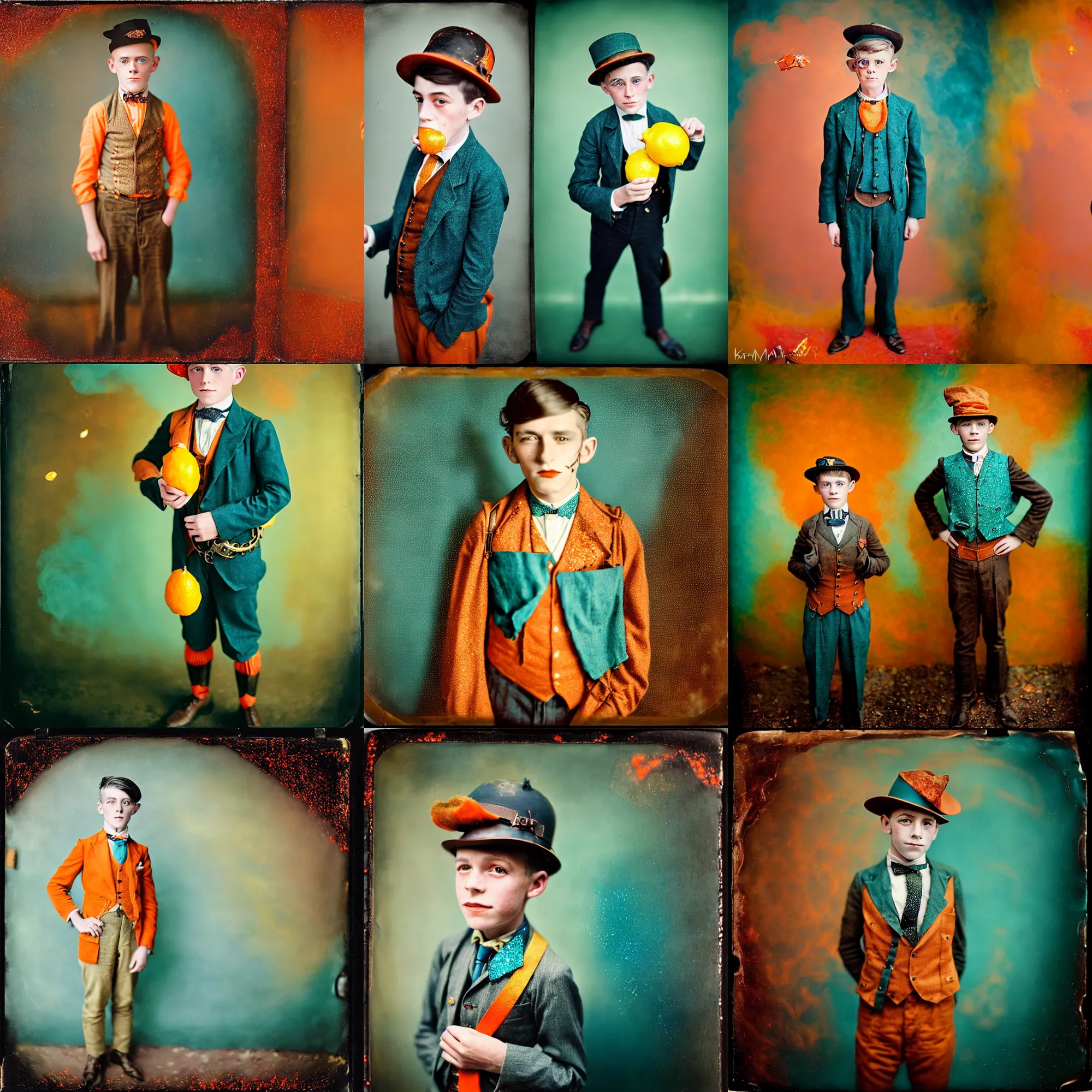 Prompt: kodak portra 4 0 0, wetplate, motion blur, portrait photo of a handsome looking 8 year old steampunk boy in the 1 9 2 0 s in hell fire, wearing a lemon, 1 9 2 0 s cloth, 1 9 2 0 s hair, coloured in teal and orange, muted colours, back view, by britt marling, glitter storm