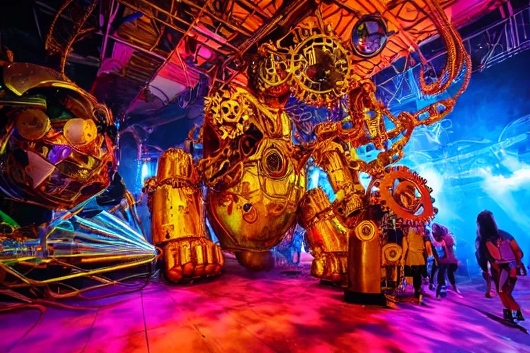 Image similar to scene is elrow party in amnesia ibiza, portrait photo of a giant huge golden and blue metal steampunk robot, with gears and tubes, eyes are glowing red lightbulbs, shiny crisp finish, 3 d render, 8 k, insaneley detailed, fluorescent colors, haluzinogetic, background is multicolored lasershow