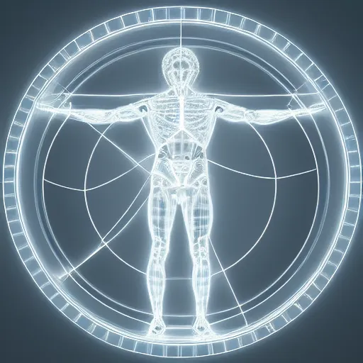 Image similar to beautiful centered fine art photo portrait of vitruvian man as a solarpunk robotic humanoid, white mechanical parts with led lights, bouguereau style pose, photorealistic, white background, highly detailed and intricate, soft box lighting, hdr 8 k