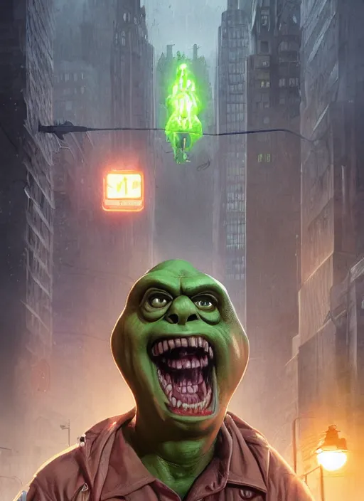 Prompt: portrait, super natural being, slimer from ghostbusters, dramatic lighting, cinematic, establishing shot, extremly high detail, foto realistic, cinematic lighting, post processed, concept art, artstation, matte painting, style by eddie mendoza, raphael lacoste, alex ross