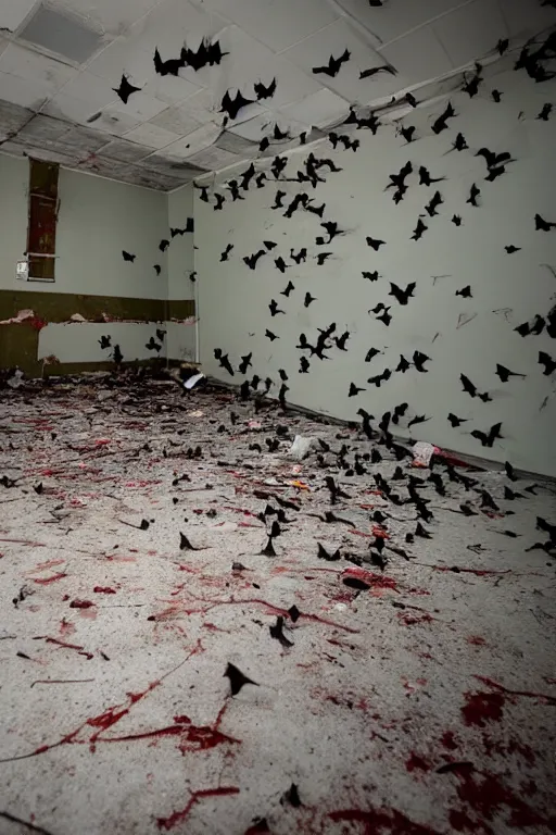 Prompt: A photo of bats flying in an abandoned hospital room, some blood on the walls and trash on the floor