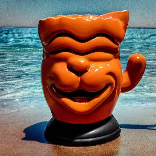 Image similar to a closeup photorealistic photograph of a glossy orange cat garfield style tiki mug sitting at a trader vic's beach bar featuring garfield's face. tiki theme. bright scene. fine detail. this 4 k hd image is trending on artstation, featured on behance, well - rendered, extra crisp, features intricate detail, epic composition and the style of unreal engine.