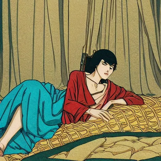 Image similar to Dido of Carthage in her palace, relaxed and candid, anime portrait by Satoshi Kon and Junji Ito