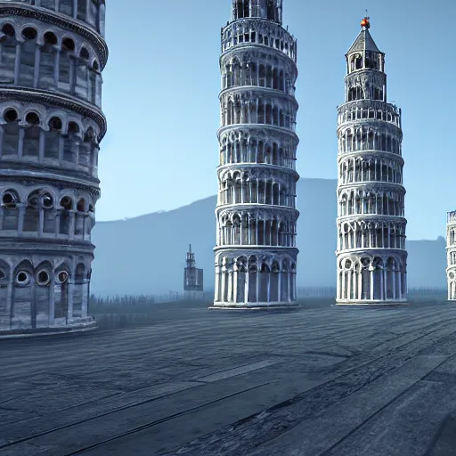 Prompt: city landscape of the leaning towers of pisa, digital art unreal engine 4 k 8 k ultrahd tsutomu nihei