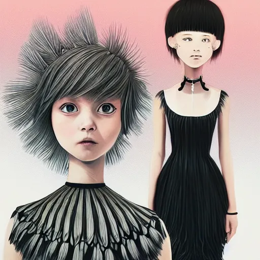 Prompt: little girl with an eccentric haircut wearing an dress made of feathers, artwork made by ilya kuvshinov