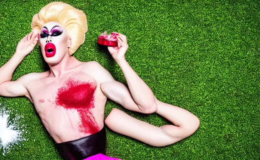 Prompt: drag queen licks powder while lying on the grass in comic style