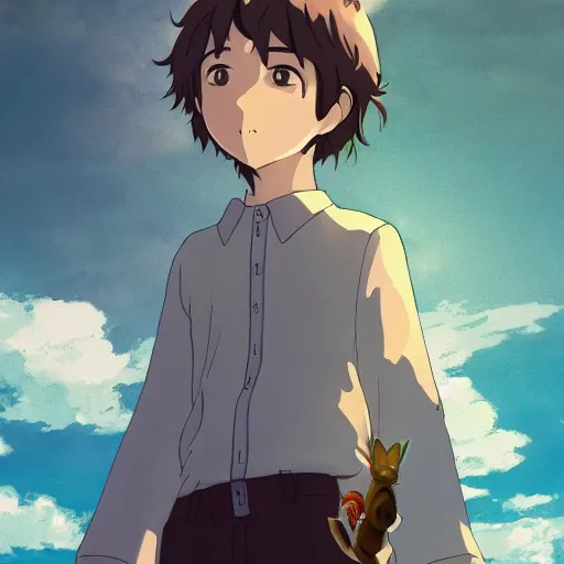 Prompt: friendly guy and small creature , with Fragile looking character portrait face made by Studio Ghibli highly detailed art, beautiful scene, sharp focus, smooth, 8k, anime art, wild, dark, fantasy, peaceful, sunshine, sun