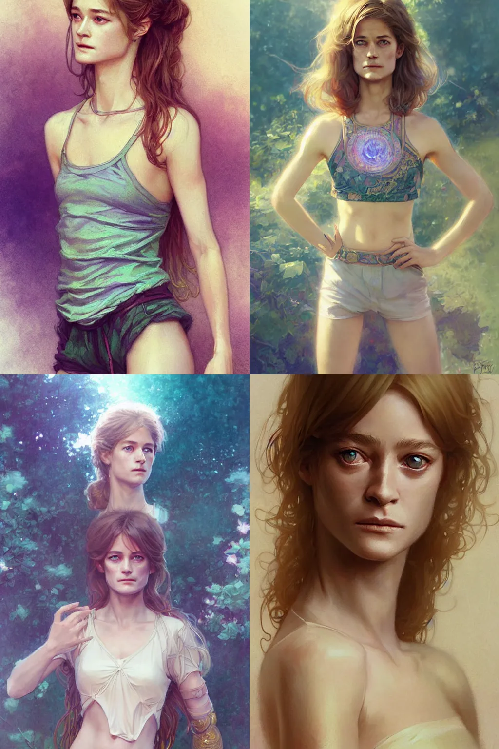 Prompt: beautiful very detailed portrait of !young charlotte rampling!, bioluminscent crop top and shorts, HYPER REALISTIC, by krenz cushart and mucha and trnyteal and ra-lilium