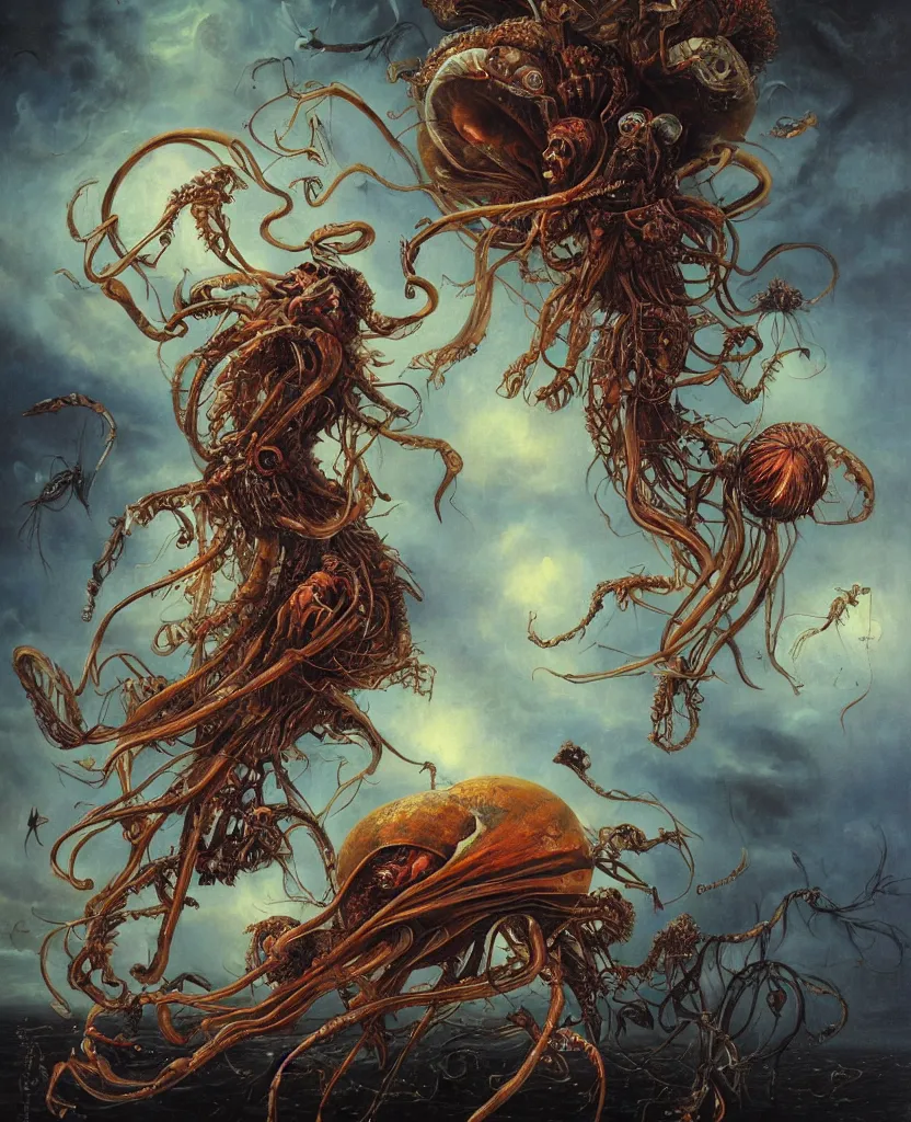 Image similar to an anatomical oil painting of a Harpy jellyfish from a medical journal by Nychos, Julie Bell, Peter Mohrbacher highly detailed, high detail, 8k, storm clouds, birds, dramatic lighting