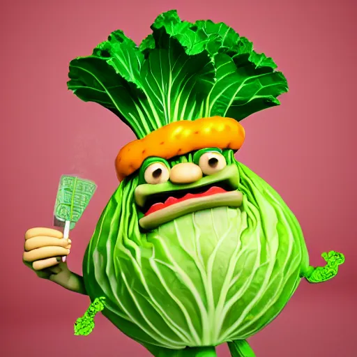 Image similar to cabbage characters with pizza peel, royal walruss king wearing a crown, cooking pizza in a wood fired oven, highly detailed 3 d render, funny, pixar