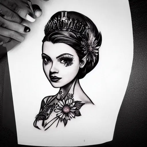 Image similar to tattoo design, stencil, portrait of princess daisy by artgerm, symmetrical face, beautiful