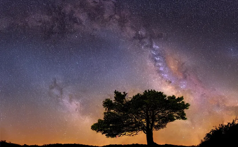 Image similar to night photography of the milky way with a tree in foreground, highly detailed, photorealistic