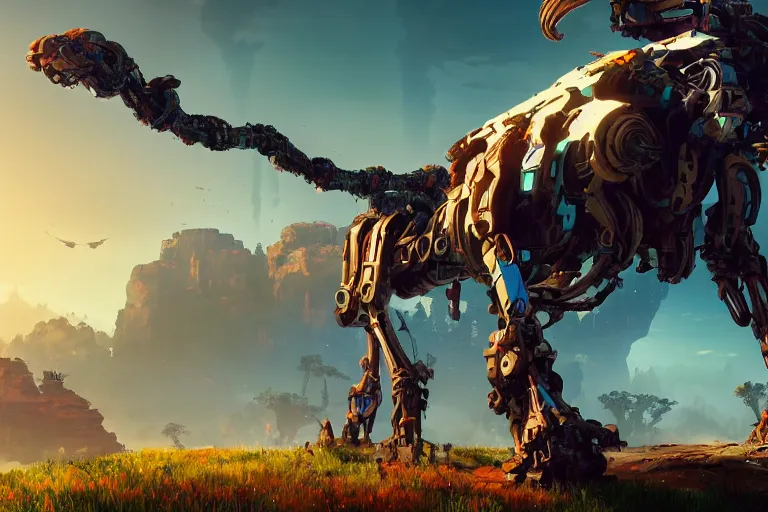 Image similar to tallneck machine mecanical creature robot of horizon forbidden west horizon zero dawn bioluminiscence global illumination ray tracing hdr fanart arstation by ian pesty and alena aenami artworks in 4 k