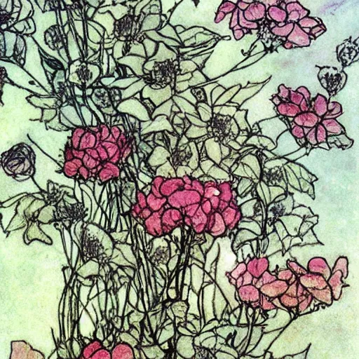 Image similar to A beautiful painting of flowers by Arthur Rackham