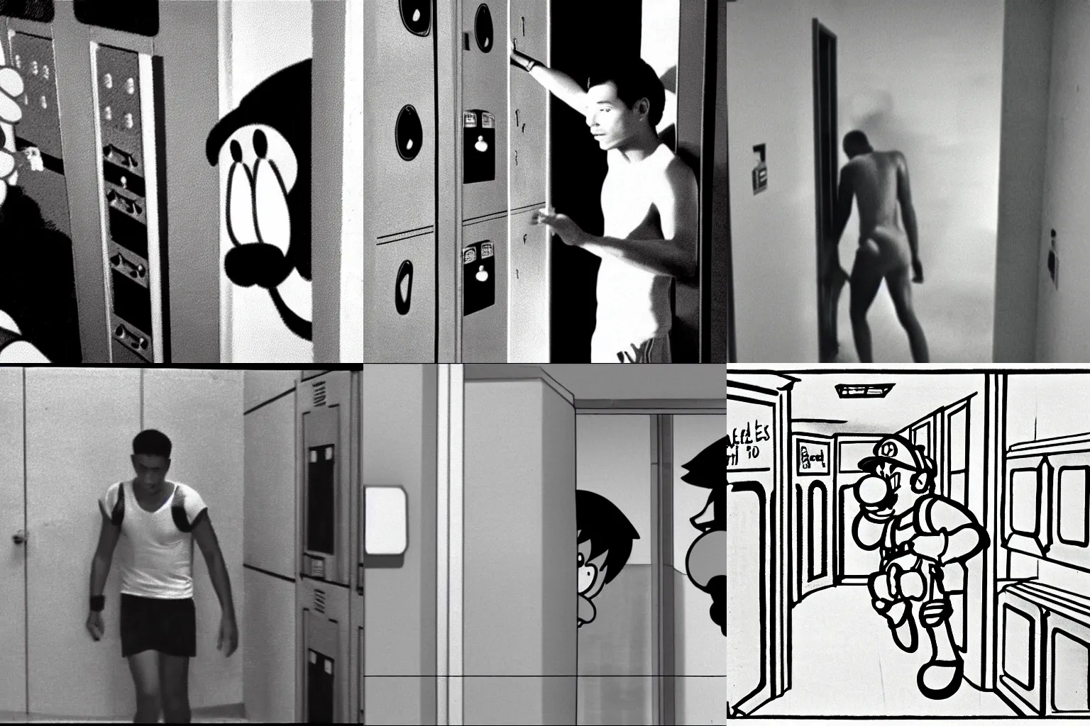 Prompt: cctv footage of mario peeping the locker rooms of teenage boys, black and white,