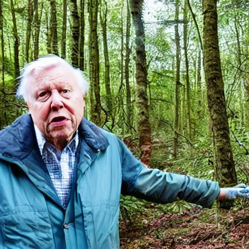 Image similar to Sir David Attenborough in the woods with Bigfoot Sasquatch