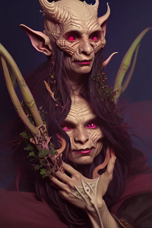 Prompt: beautiful goblin warlock, highly detailed, digital painting, artstation, sharp focus, illustration, art by tan zi and ayanamikodon and alphonse mucha and wlop