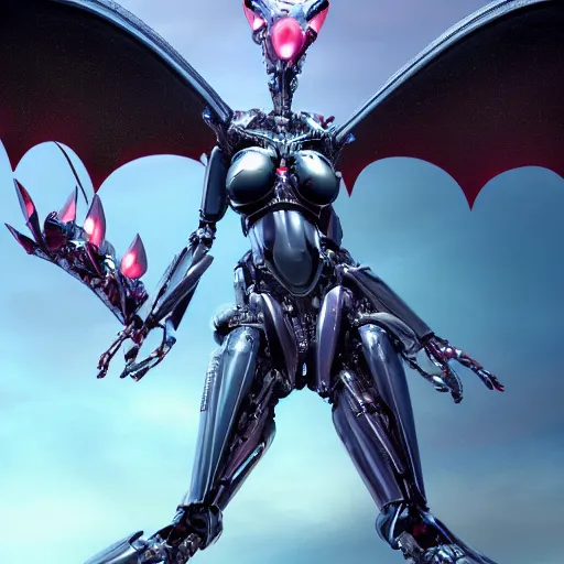 Image similar to amazing close-up shot of a cute and beautiful anthropomorphic well-proportioned robot female dragon doing an elegant pose, has two eyes, a sleek yet elegant design of metal plating, with two big epic wings behind her, two arms, the background is of the beach at night; high quality digital art, artstation, deviantart, furaffinity, high quality detail