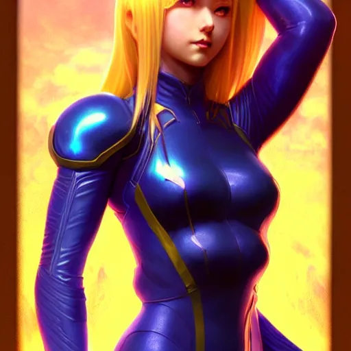 Image similar to portrait of Zero suit Samus as League of Legends character, digital illustration portrait, dark fantasy, medium shot, intricate, elegant, highly detailed, digital painting, volumetric light, artstation, concept art, smooth, sharp focus, illustration, art by Gil Elvgren and Greg Rutkowski and Alphonse Mucha