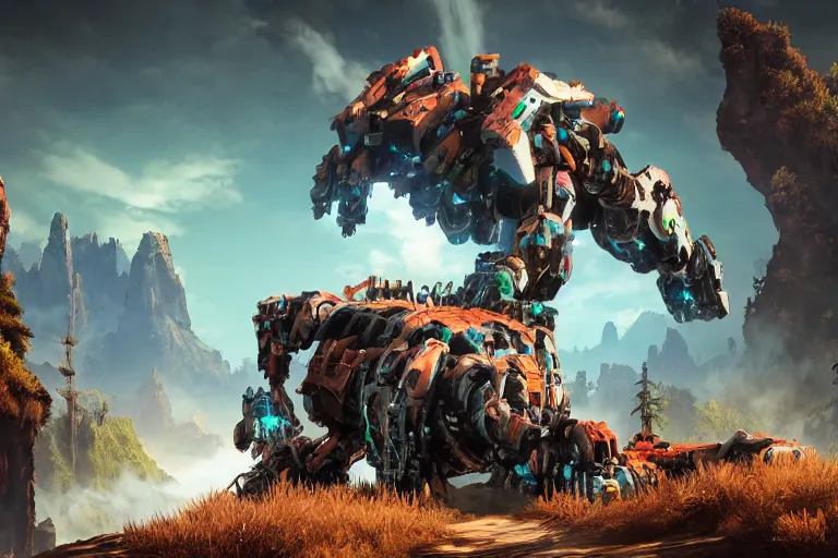 Image similar to tremortusk machine mecha animal beast robot of horizon forbidden west horizon zero dawn bioluminiscence global illumination ray tracing hdr fanart arstation by sung choi and eric pfeiffer and gabriel garza and casper konefal