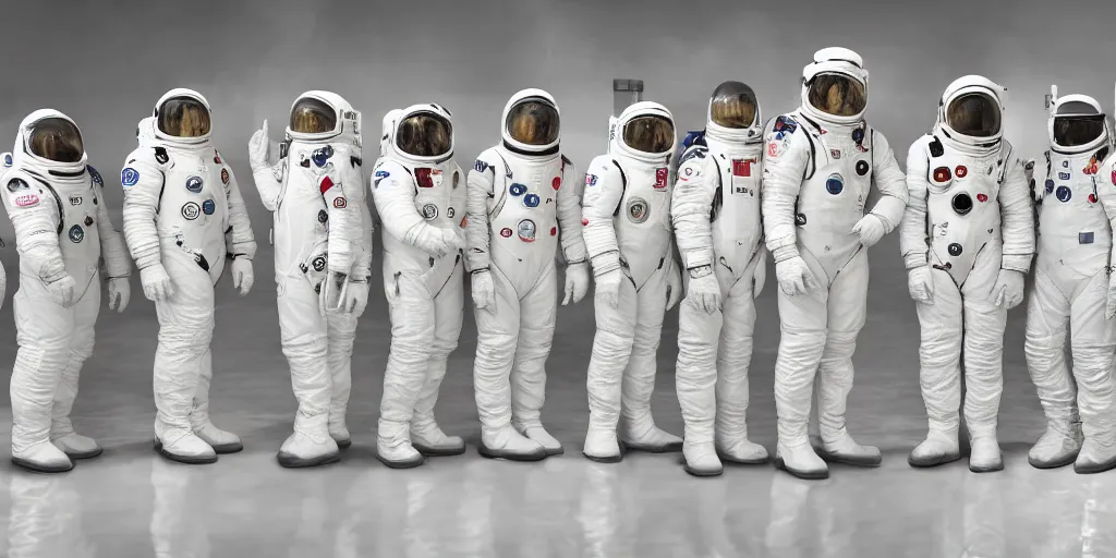 Image similar to A team photo of various animals standing still in white spacesuits before their mission to explore Mars. Highly detailed picture.