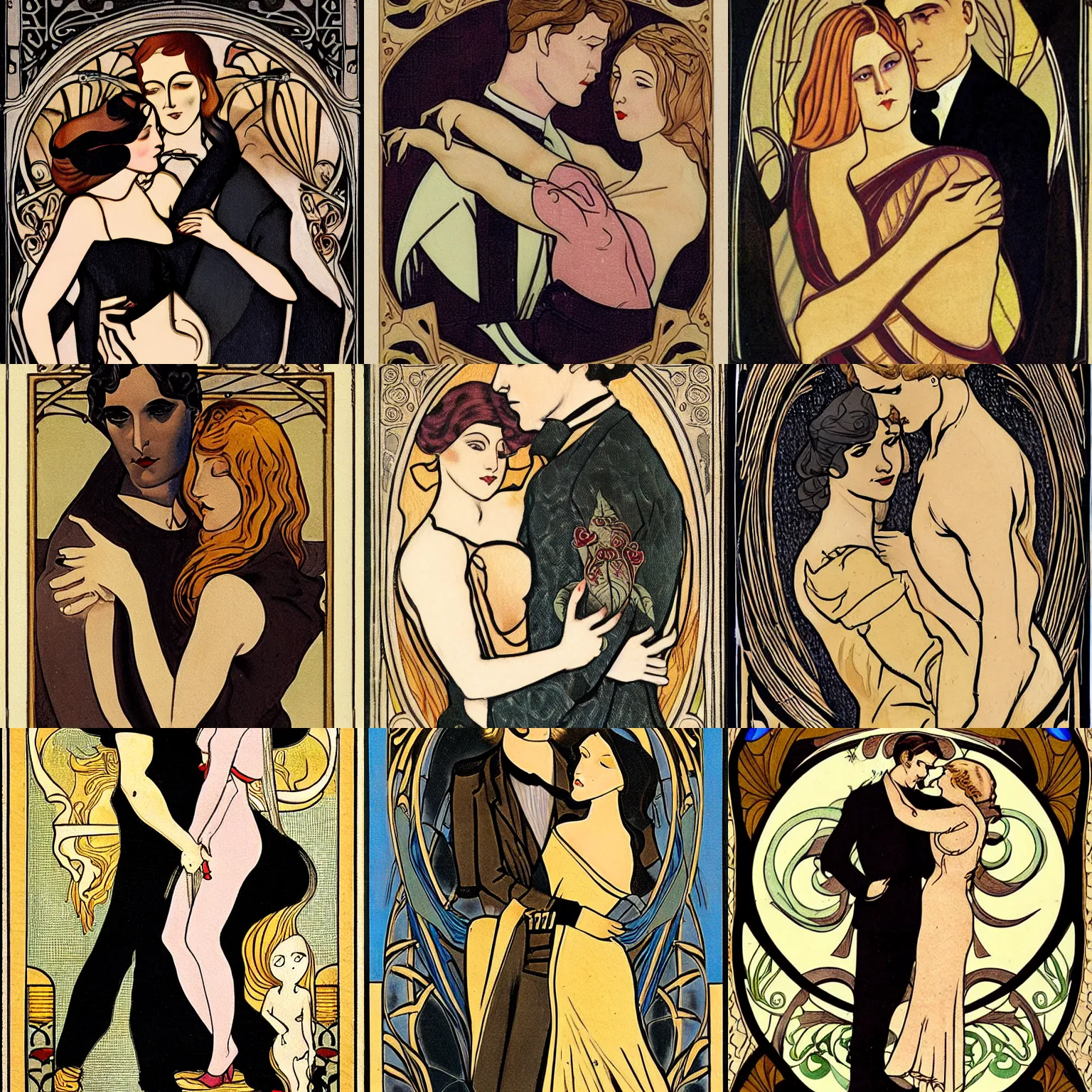 Prompt: a dark hair man holding a blonde woman, art nouveau, highly detailed