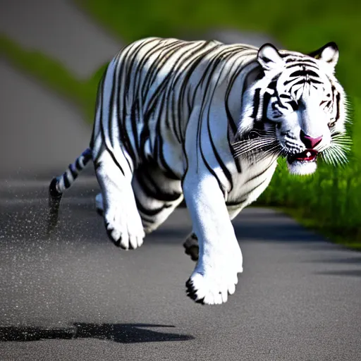Prompt: realistic photo shot of a white tiger running fast | cinematic photo | cinematic shot | epic | 8k resolution | realistic | hyperrealistic