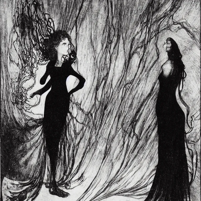 Image similar to A woman stands in a black room with a black dress with a cut-out on the back, Anton Pieck,Jean Delville, Amano,Yves Tanguy, Alphonse Mucha, Ernst Haeckel, Edward Robert Hughes,Stanisław Szukalski and Roger Dean