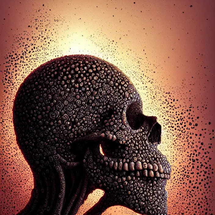 Image similar to portrait of a melting skull. covered in ants. intricate abstract. intricate artwork. nightmare fuel. by Tooth Wu, wlop, beeple, dan mumford. octane render, trending on artstation, greg rutkowski very coherent symmetrical artwork. cinematic, hyper realism, high detail, octane render, 8k, iridescent accents