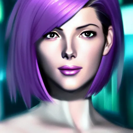 Image similar to A combination of Grace Kelly's and Katheryn Winnick's and Ashley Greene's faces with short violet hair as Motoko Kusanagi from Ghost in The Shell, cyberpunk style, synthwave aesthetic, fantasy, intricate, elegant, highly detailed, digital painting, artstation, concept art, matte, sharp focus, illustration, half body portrait, anime style, art by Artgerm and Greg Rutkowski and Alphonse Mucha