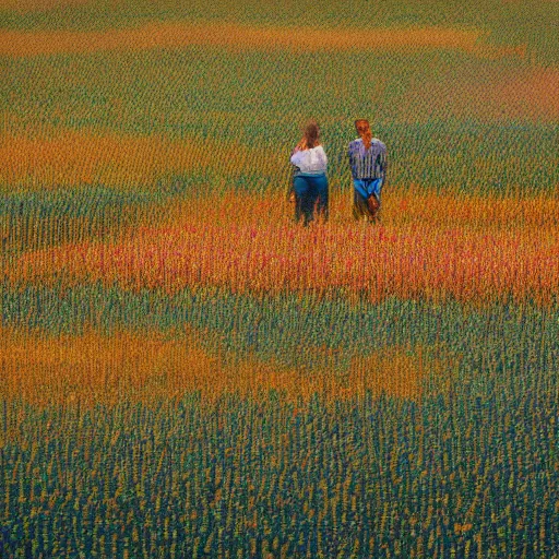 Prompt: A person meeting another person above a van Gogh style field while both person are surrounded by a colourfull wind around their chests, dream, 40nm lens, shallow depth of field, split lighting, 4k,