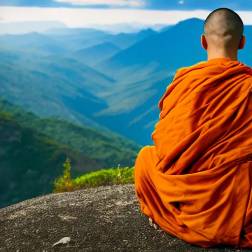 Prompt: a monk meditating on a tall mountain peak, beautiful background