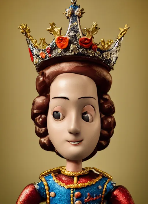 Image similar to closeup face profile portrait of tin toy karl schwab as a fairytale prince wearing a crown eating cakes, depth of field, zeiss lens, detailed, symmetrical, centered, fashion photoshoot, by nicoletta ceccoli, mark ryden, lostfish, breathtaking, 8 k resolution, extremely detailed, beautiful, establishing shot, artistic, hyperrealistic, octane render