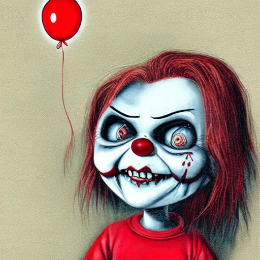 Prompt: grunge cartoon painting of chucky with a wide smile and a red balloon by chris leib, loony toons style, pennywise style, corpse bride style, horror theme, detailed, elegant, intricate