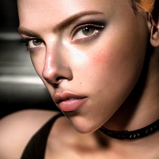 Image similar to a cyborg looking like scarlett johansson, sensual, beautiful soft light failling on her face, studio photography, nikon 3 5 mm portrait photography, ultra realistic