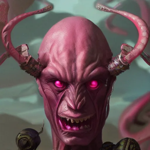 Prompt: Muscular Pink alien villain close up with 3 flower like pedals around his neck by Andreas roncha and greg rutkowski