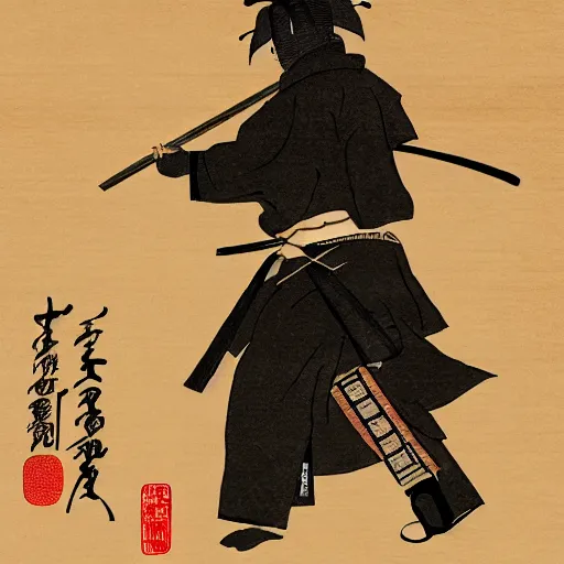 Image similar to joe biden dressed as a samurai in an edo period japanese ink block painting, 4 k, hyper realistic, dslr, high resolution, landscape, beautiful