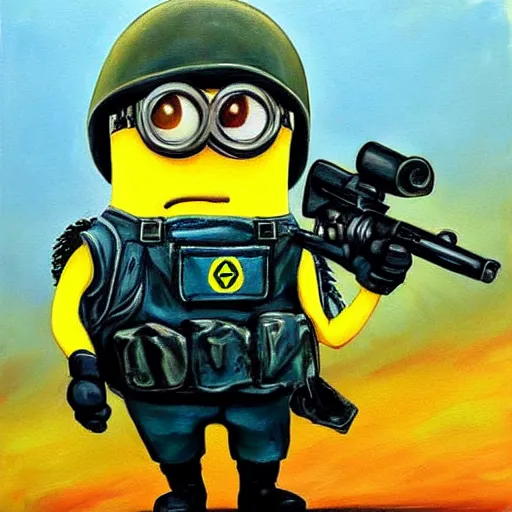 Image similar to a beautiful complex painting of a minion dressed as a soldier in world war ii the minion is shooting his gun