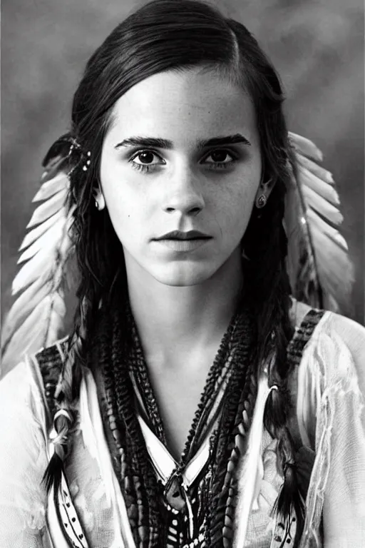 Image similar to “Photo of Native American indian woman Emma Watson, portrait, skilled warrior of the Apache, ancient, realistic, detailed, emma watson”