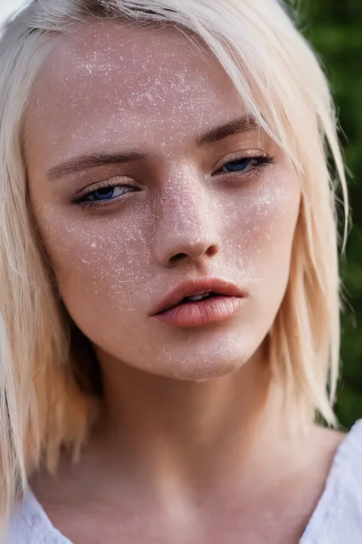 Image similar to 2 4 year old professional blonde female wearing white v - neck top, neck zoomed in, photo realistic, extreme detail skin, light freckles, no filter, slr, golden hour, 4 k, high definition, photograph, selfie