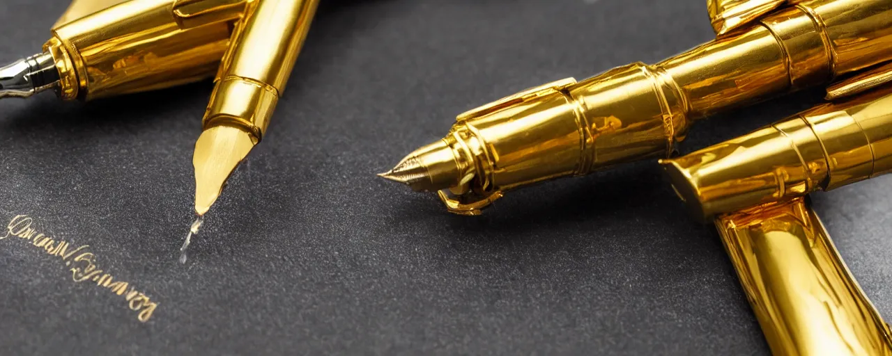 Prompt: a closeup of a gold robot hand holding a fountain pen, hyper realistic