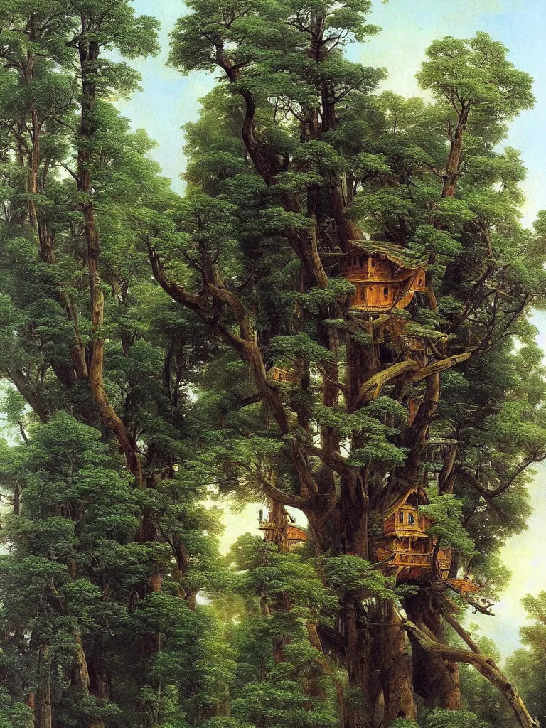 Image similar to Beautiful enormous treehouse by ivan shishkin and aivazovsky, oil on canvas, highly detailed, masterpiece