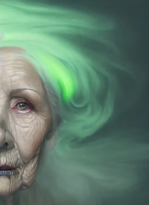 Prompt: an ethereal, misty portrait of an old woman whose face is accented with neon - toned glowing eyeliner. the makeup floats off her face and joins swirling clouds of smoke and fog, becoming an aurora. muted tones. surreal portrait, cinematic lighting, 8 k, smooth, sharp focus, digital painting, rendered in octane, painted by tom bagshaw, artgerm